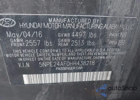 2017 Hyundai Sonata Se из США, поврежденный, VIN 5NPE24AF0HH438218